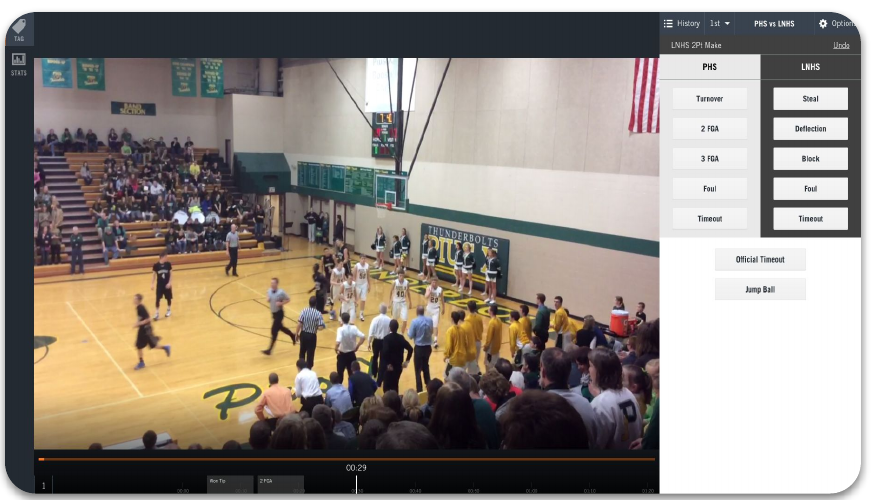 Hudl Assist web tagging interface: live high school basketball game video alongside a stat-tagging panel with per-team buttons for turnovers, field goal attempts, fouls, and timeouts.
